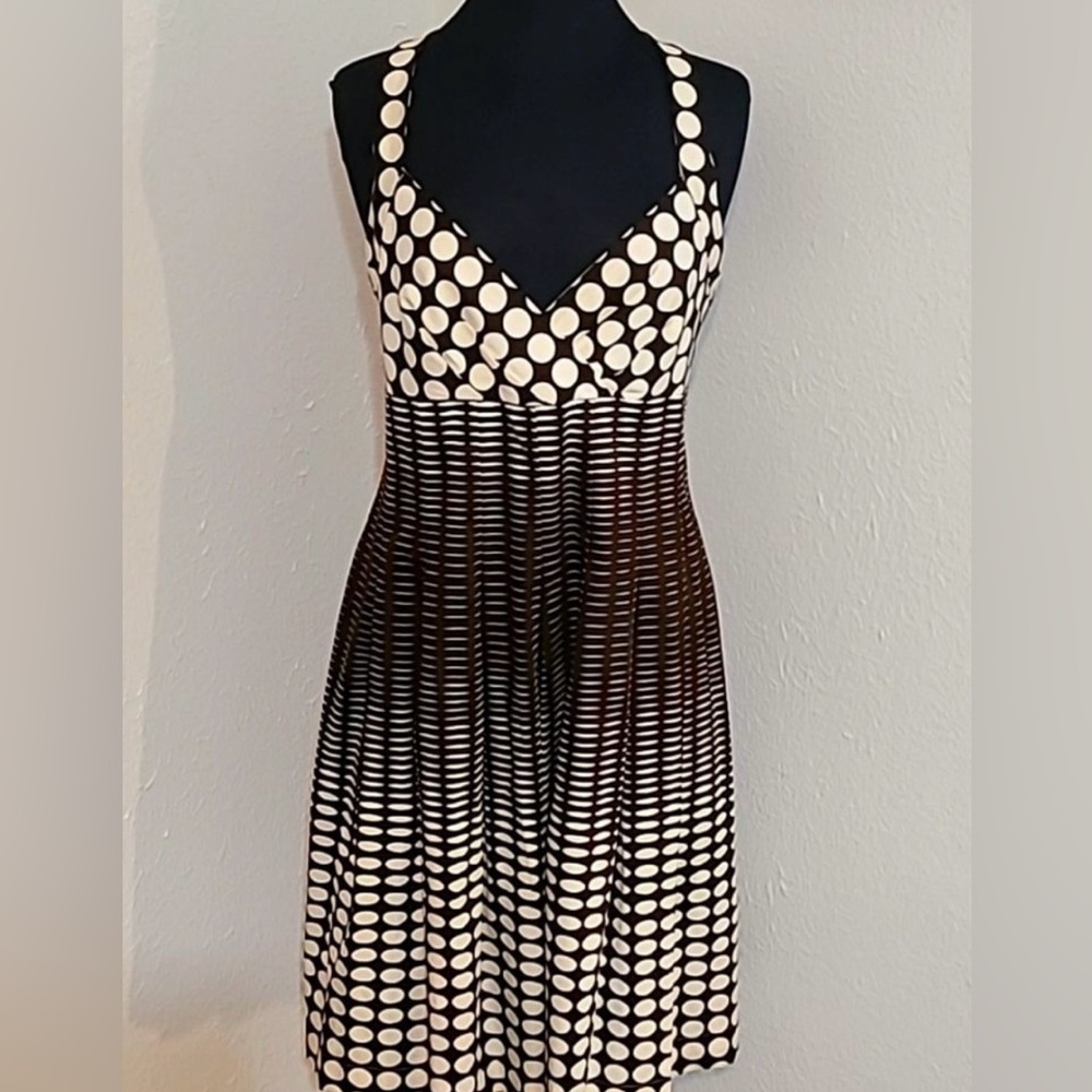 Calvin Klein Halter Dress w/Pleated Flare, Brown/Cream Polka-dots/Lines, Size 12 - Picture 1 of 9
